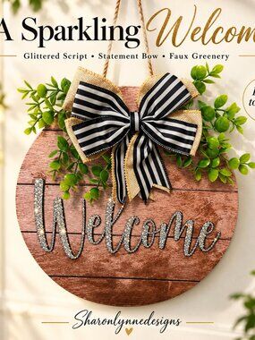 🏡✨ Bling “Welcome” Wooden Wreath – 12” Round | Black & White Bow